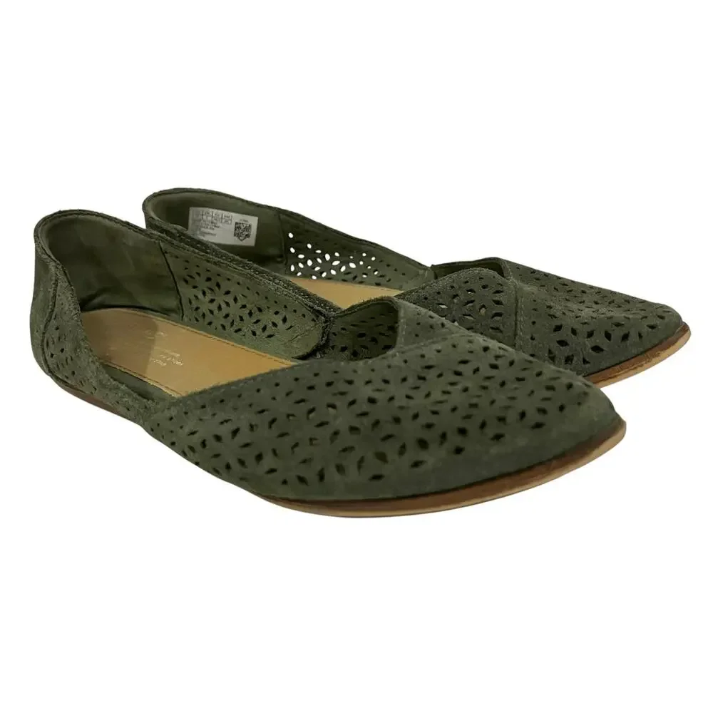 Toms Jutti Suede Laser Cut Flats Womens 8 Green Slip On Casual Comfort
